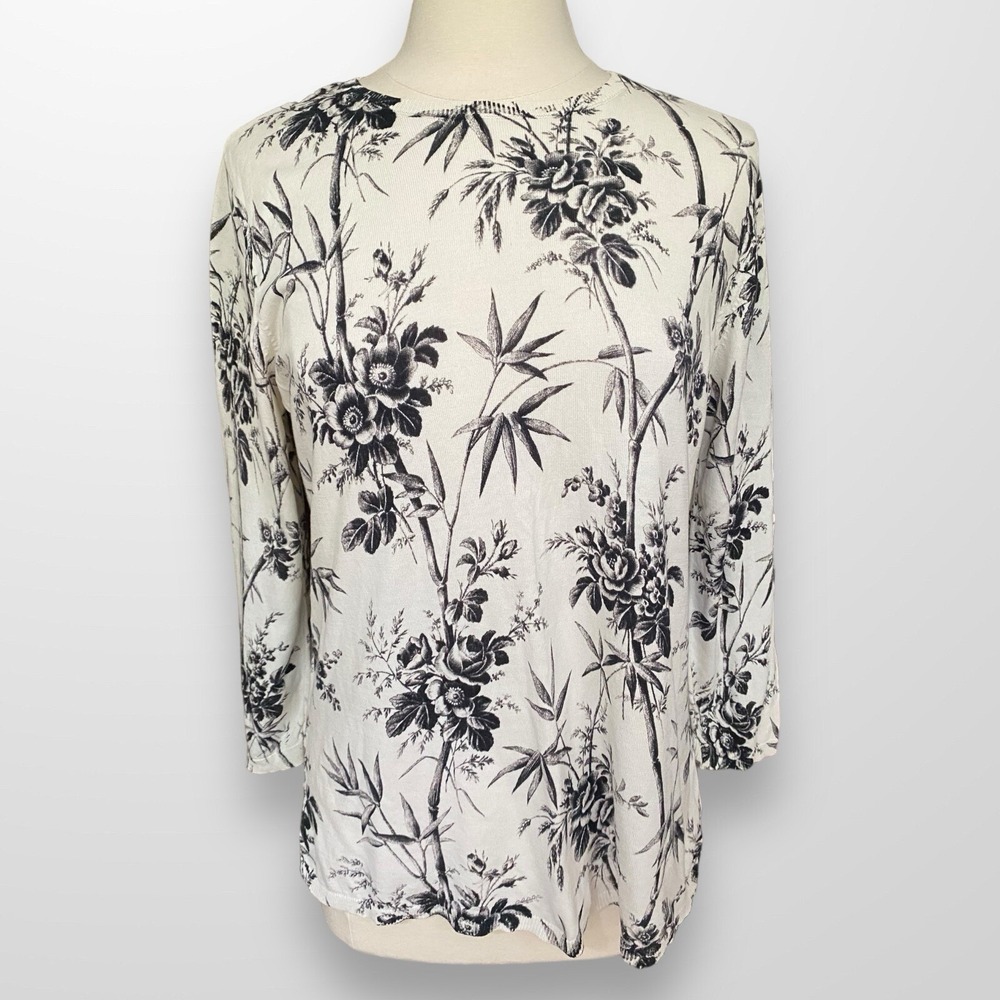 LOFT‎ XL Crew Neck Pullover Sweater Tunic Top Lightweight Cream Black Floral